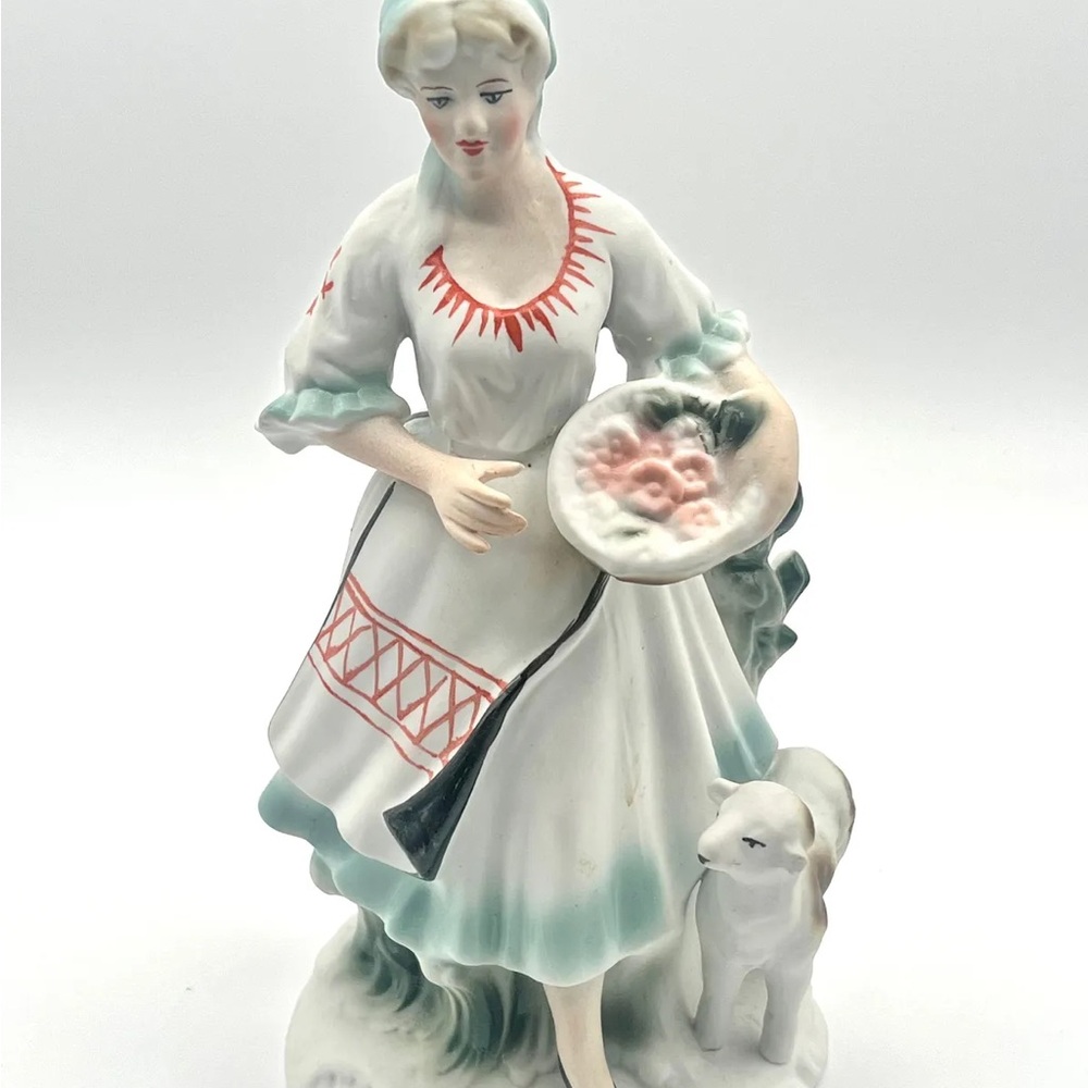 Vintage ARPO Romanian Porcelain Hand-Painted Shepherdess with Lamb